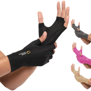 Copper Compression Half Finger Gloves, the black half finger gloves worn on a pair of hands