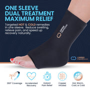 Copper Compression CopperFreeze Ankle Sleeve, an infographic naming 360 degree coverage, copper infusion and use hot, warm, cool or cold