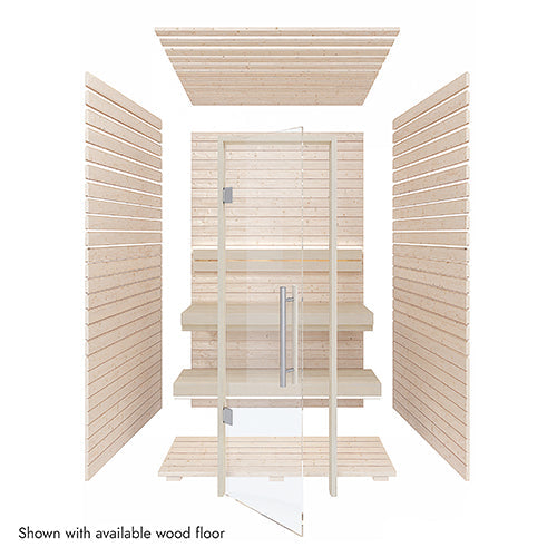 SaunaLife HOME Series kit, exploded view of walls, door, benches and ceiling