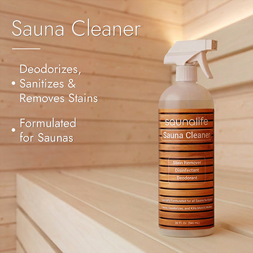 SaunaLife HOME Series kit, sauna cleaner spray bottle on a bench