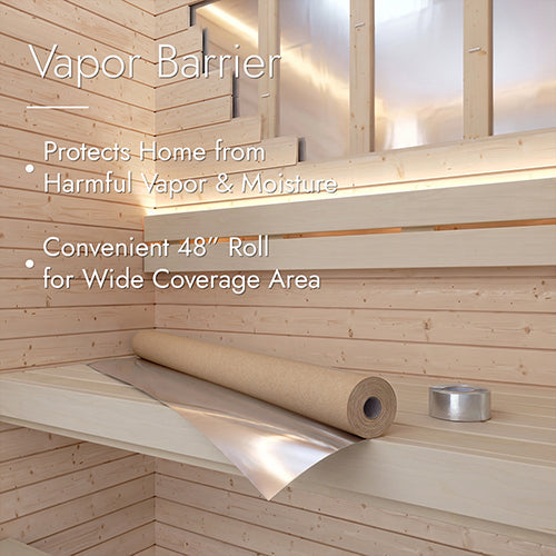 SaunaLife HOME Series kit, foil vapor barrier roll and seam tape