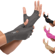 Copper Compression Half Finger Gloves, the grey gloves worn on a hand with colour swatches alongside