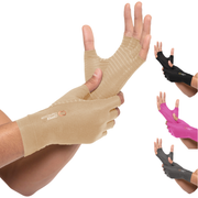 Copper Compression Half Finger Gloves, the nude gloves worn on a hand with colour swatches alongside