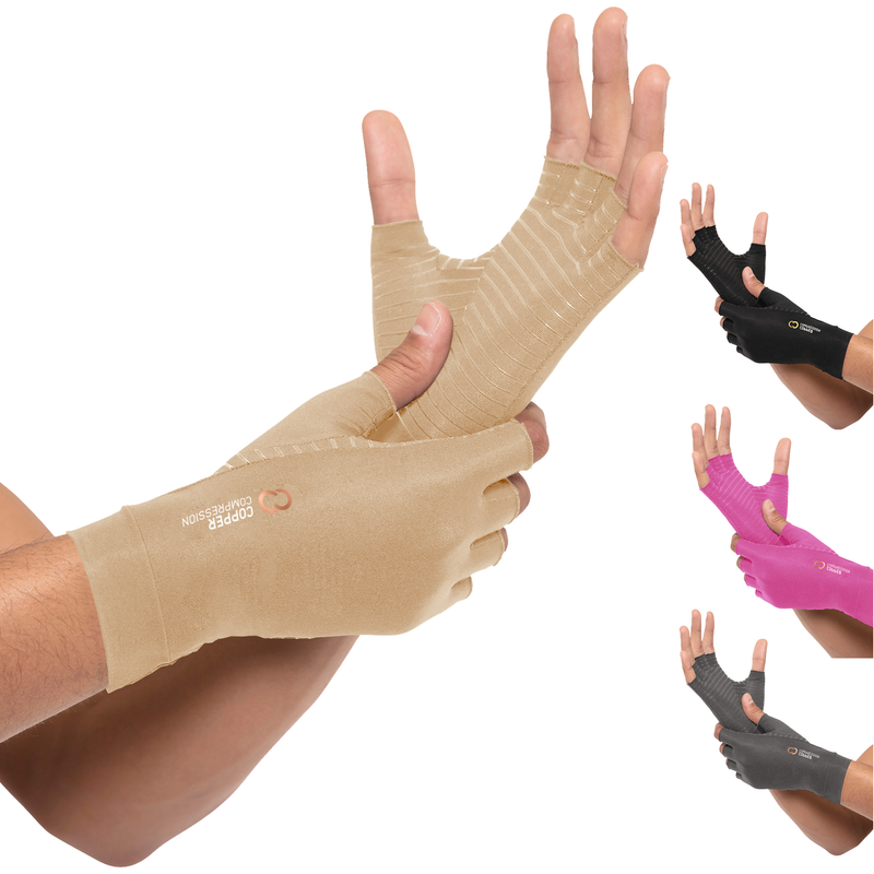 Copper Compression Half Finger Gloves, the nude gloves worn on a hand with colour swatches alongside