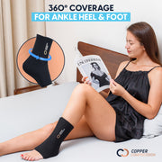 Copper Compression CopperFreeze Ankle Sleeve, a woman reading on a bed wearing the ankle sleeve, captioned 360 degree coverage