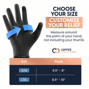 Copper Compression CopperVibe 2.0 Gloves, the size chart, measured around the palm without the thumb: S/M 6.5 to 8 inches, L/XL 8.5 to 10