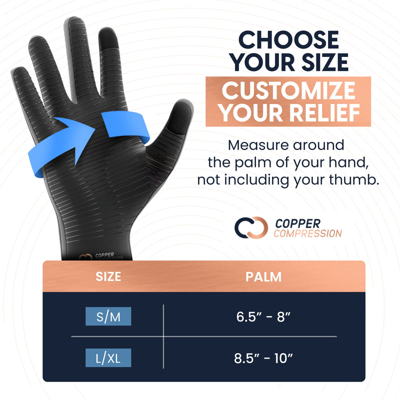 Copper Compression CopperVibe 2.0 Gloves, the size chart, measured around the palm without the thumb: S/M 6.5 to 8 inches, L/XL 8.5 to 10
