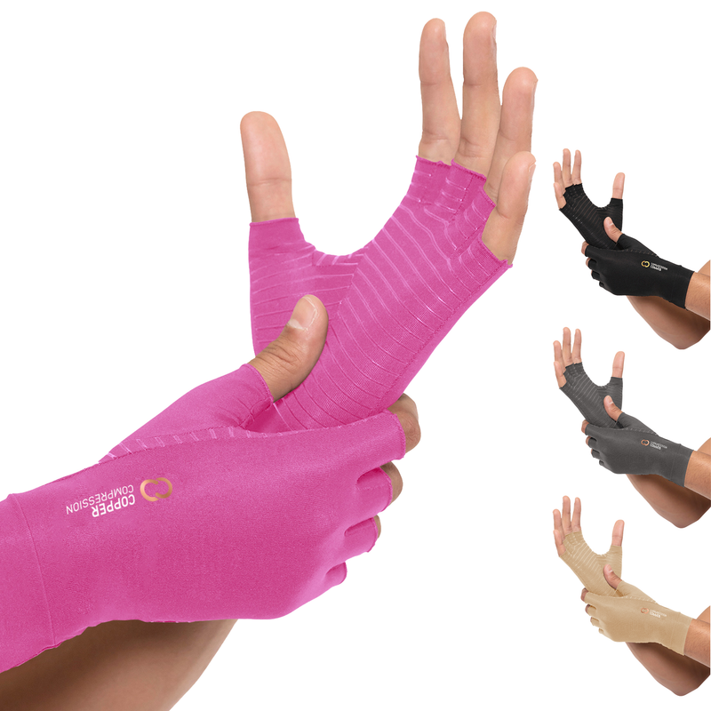 Copper Compression Half Finger Gloves, the pink gloves worn on a hand with colour swatches alongside