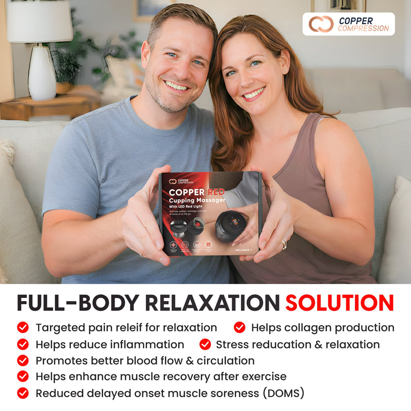Copper Compression CopperRed Cupping Device, two people holding the product box, over a list of the benefits the brand claims for it