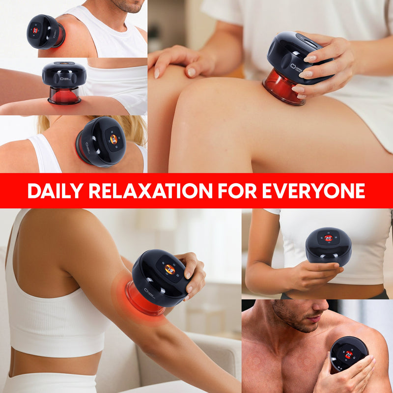 Copper Compression CopperRed Cupping Device, the device in use on a shoulder, captioned daily relaxation for everyone