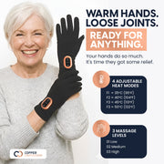 Copper Compression CopperVibe 2.0 Gloves, a labelled panel describing 360 degree deep heat and vibration across the joints of the hand
