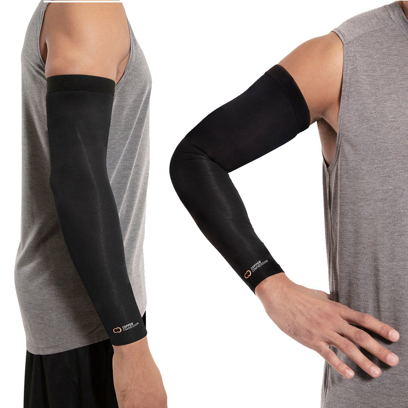 Copper Compression Full Arm Sleeve, one sleeved arm beside one bare arm, showing how far the sleeve covers