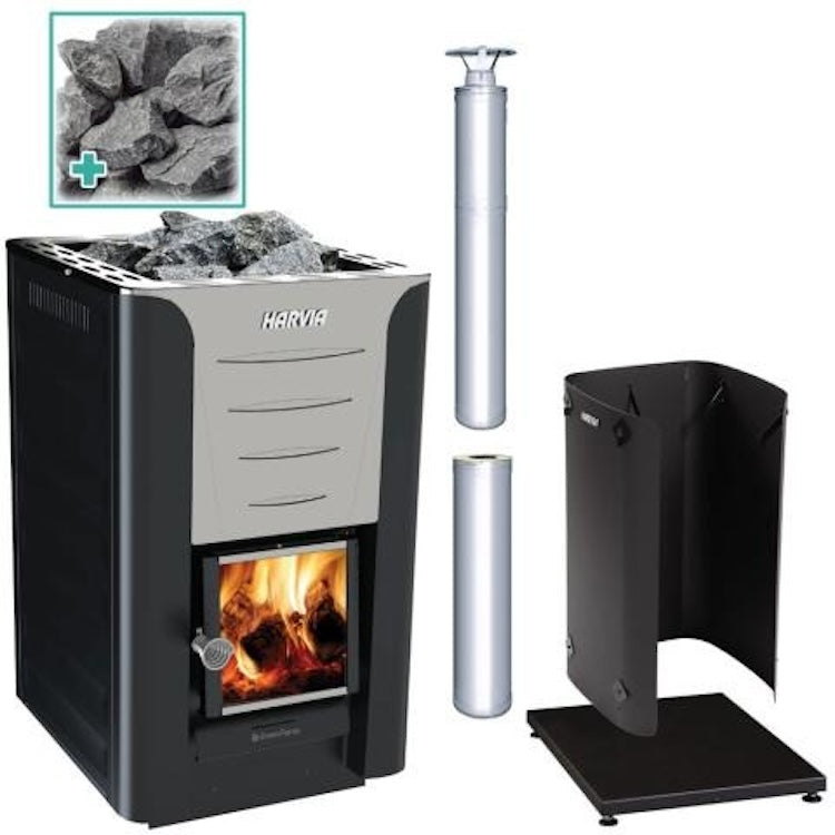 Harvia PRO 20 24kW Wood Burning Stove Package w/ Chimney Kit, Protective Bedding, Sheath, Stones