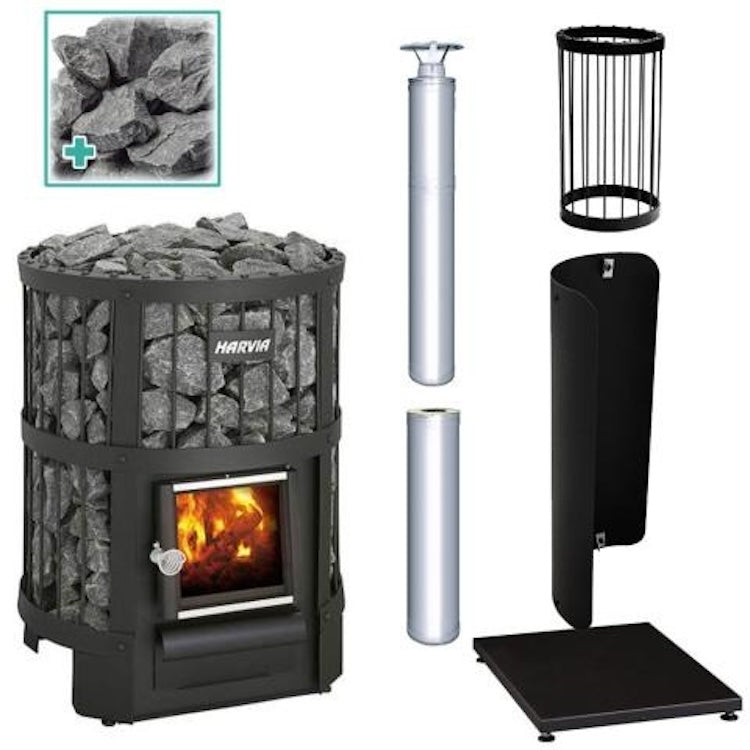 Harvia Legend 150 16kW Wood Burning Stove Package w/ Chimney Kit, Rock Cage, Protective Bedding, Sheath, Stones