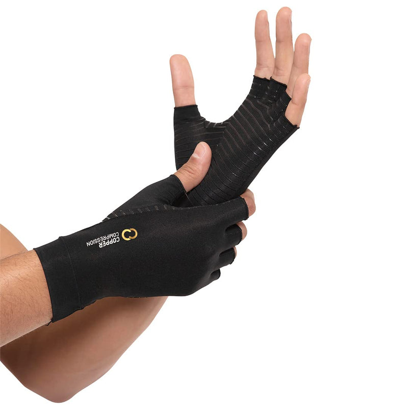 Copper Compression Half Finger Gloves 2 Pack, the gloves worn on a forearm against a white background