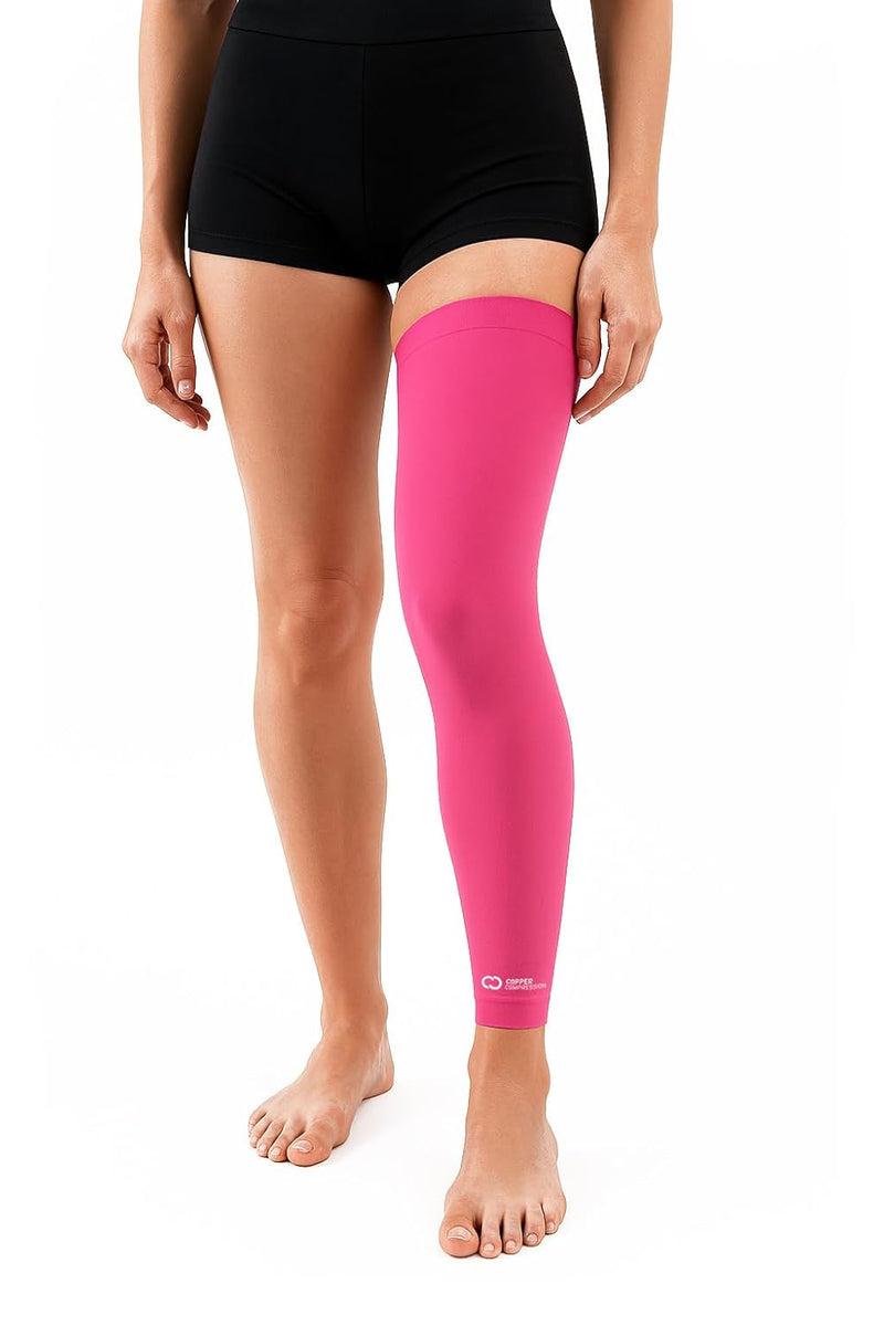 Copper Compression Full Leg Sleeve, the pink full leg sleeve worn with black shorts