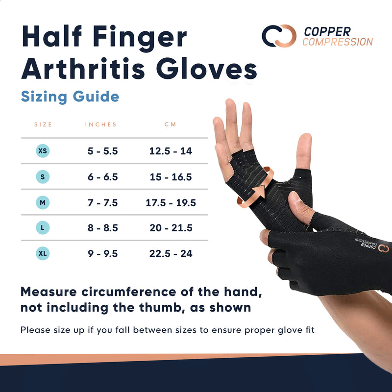 Copper Compression Half Finger Gloves 2 Pack, the size chart measured around the hand without the thumb, from XS 5 inches to XL 9.5 inches