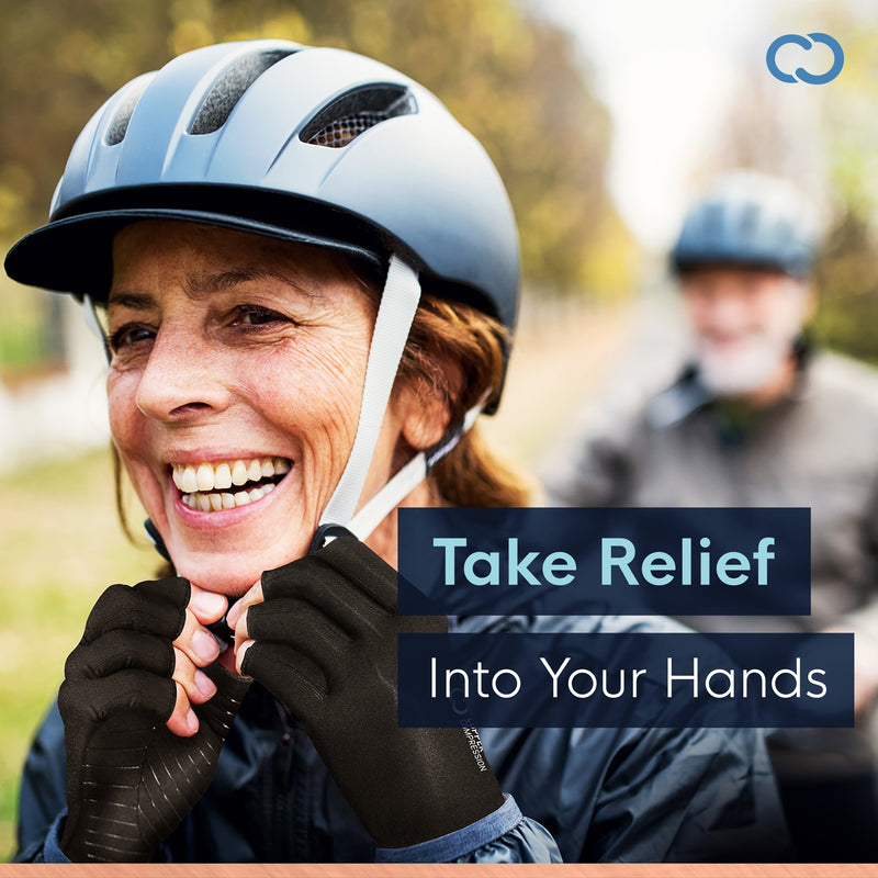 Copper Compression Half Finger Gloves, a woman cyclist wearing the gloves, captioned take relief into your hands