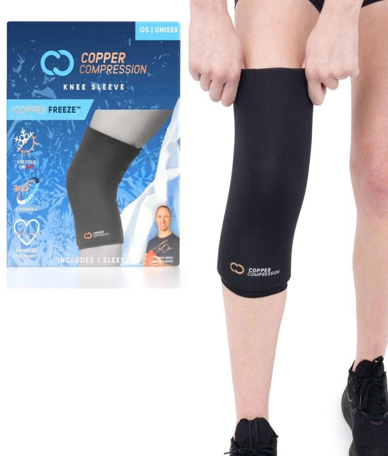 Copper Compression CopperFreeze Knee Sleeve, the black knee sleeve with its retail pack and gel insert, worn on a leg