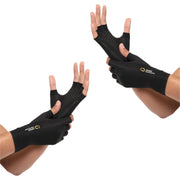 Copper Compression Half Finger Gloves 2 Pack, the black half finger gloves worn on both hands, palm and back shown