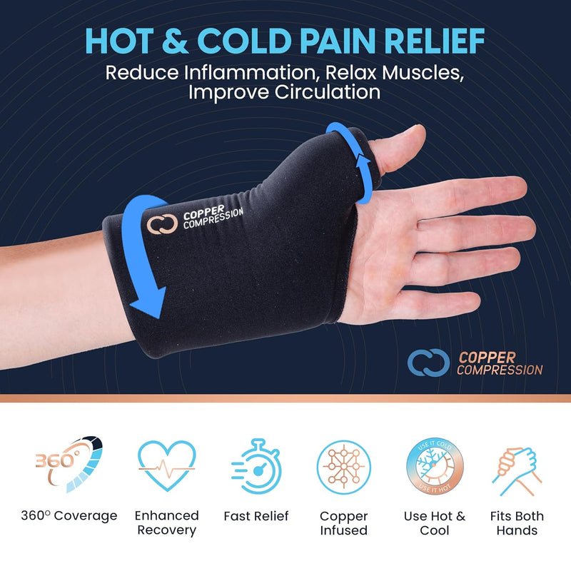 Copper Compression CopperFreeze Wrist Sleeve, an infographic naming 360 degree coverage, copper infusion and use with hot or cold