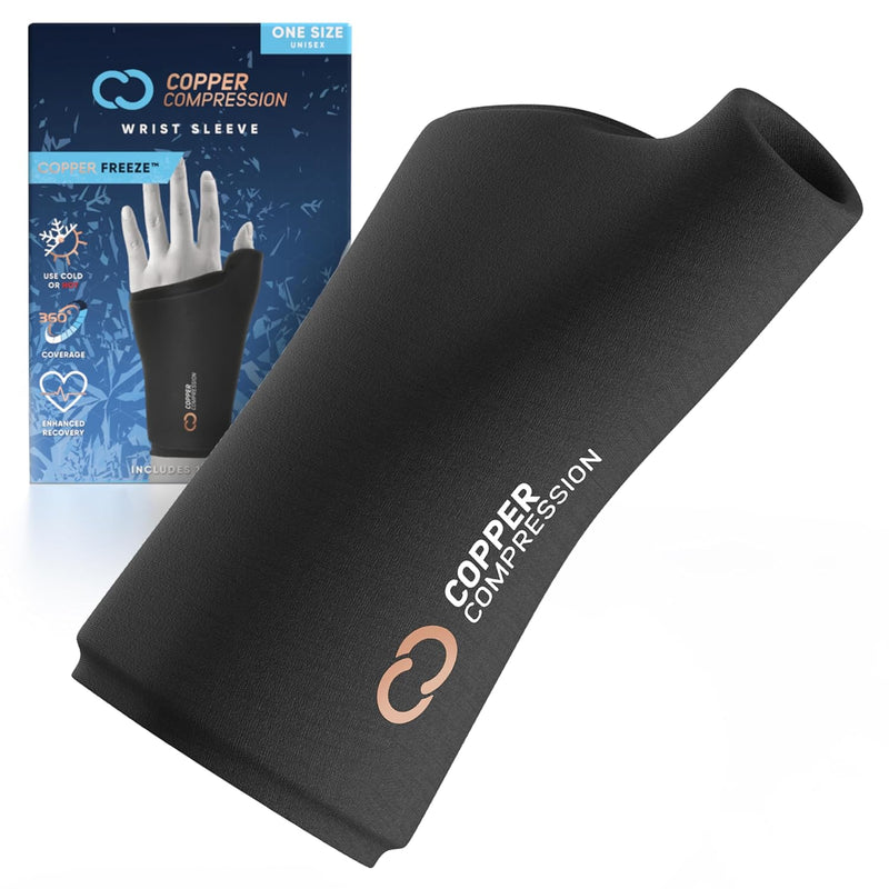 Copper Compression CopperFreeze Wrist Sleeve, the black wrist sleeve beside its retail pack