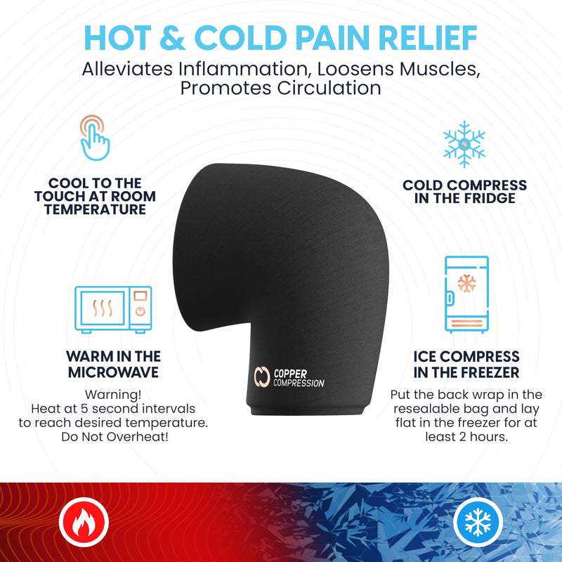 Copper Compression CopperFreeze Knee Sleeve, an infographic with the fridge, freezer, microwave and room temperature instructions