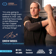 Copper Compression CopperFreeze Knee Sleeve, the Drew Brees endorsement panel with his quote and an as-seen-on press bar
