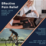 Copper Compression Half Finger Gloves 2 Pack, a panel about comfort when performing repetitive motions, with desk and cycling photographs
