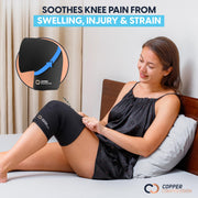 Copper Compression CopperFreeze Knee Sleeve, an infographic captioned soothes knee pain from swelling, injury and strain
