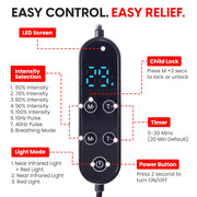 Copper Compression CopperRed Infrared Flex Wrap, the controller labelled, with its intensity steps, pulse modes, timer, child lock and light modes