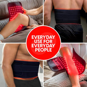 Copper Compression CopperRed Infrared Flex Wrap, four photographs of the wrap worn on a knee, a waist and an arm