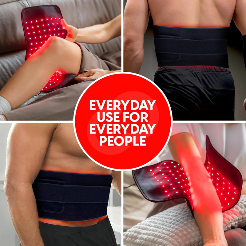 Copper Compression CopperRed Infrared Flex Wrap, four photographs of the wrap worn on a knee, a waist and an arm