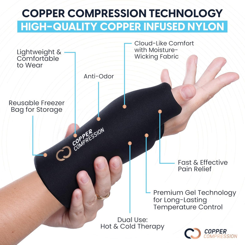 Copper Compression CopperFreeze Wrist Sleeve, the wrist sleeve worn on a hand, close on the thumb opening