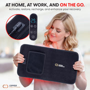Copper Compression CopperRed Infrared Flex Wrap, a woman holding the folded wrap with its handheld controller