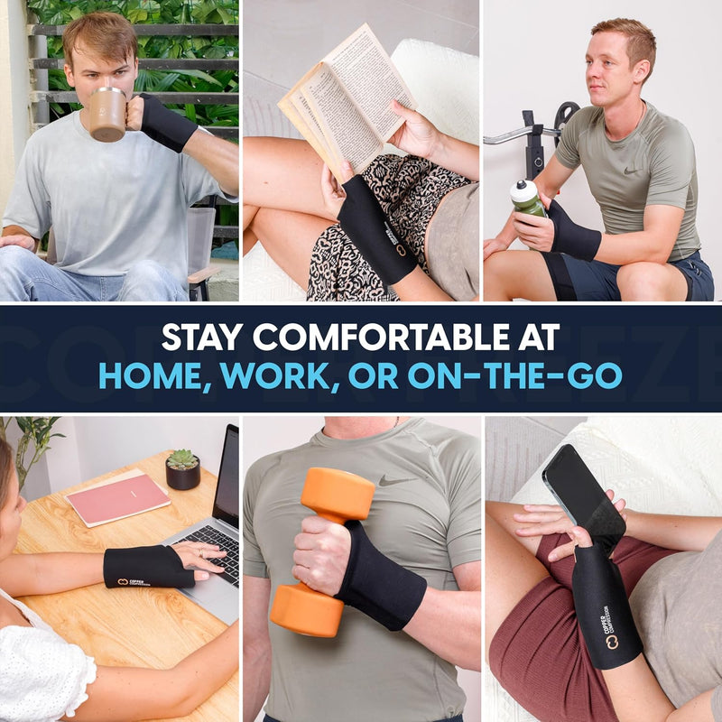 Copper Compression CopperFreeze Wrist Sleeve, six photographs of the wrist sleeve worn at home, at work and outdoors