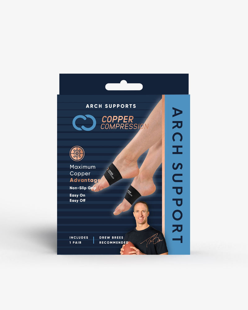 Copper Compression Arch Support Sleeves, the retail box for the arch supports, with Drew Brees on the front