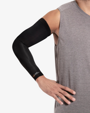 Copper Compression Full Arm Sleeve, the black full arm sleeve worn on an arm