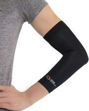 Copper Compression Elbow Sleeve, the black elbow sleeve on a bent arm below a grey sleeve