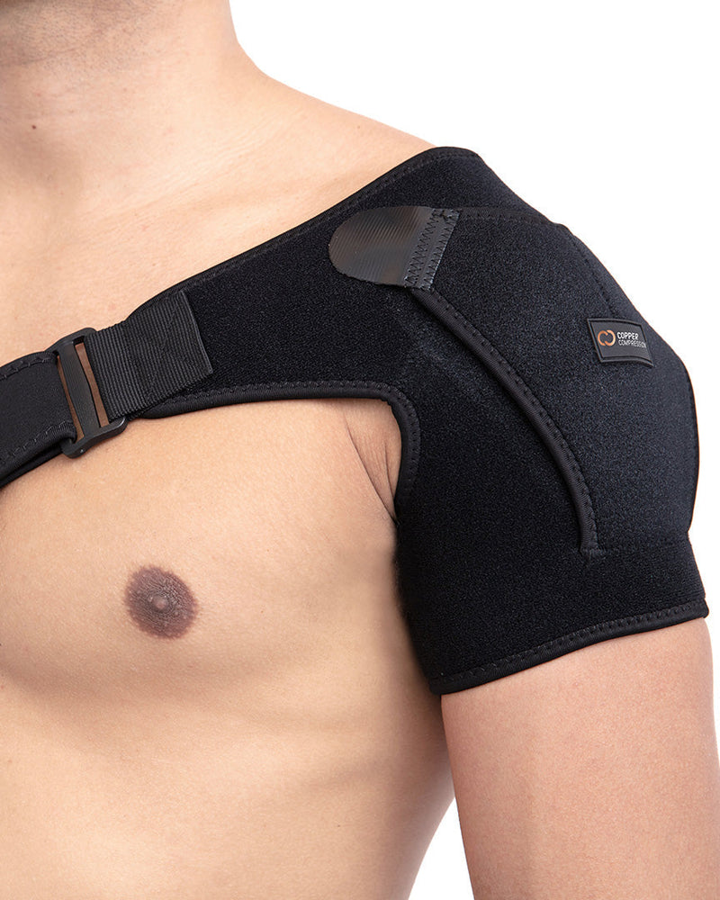 Copper Compression Shoulder Brace, the shoulder brace worn on a left shoulder, seen from the front