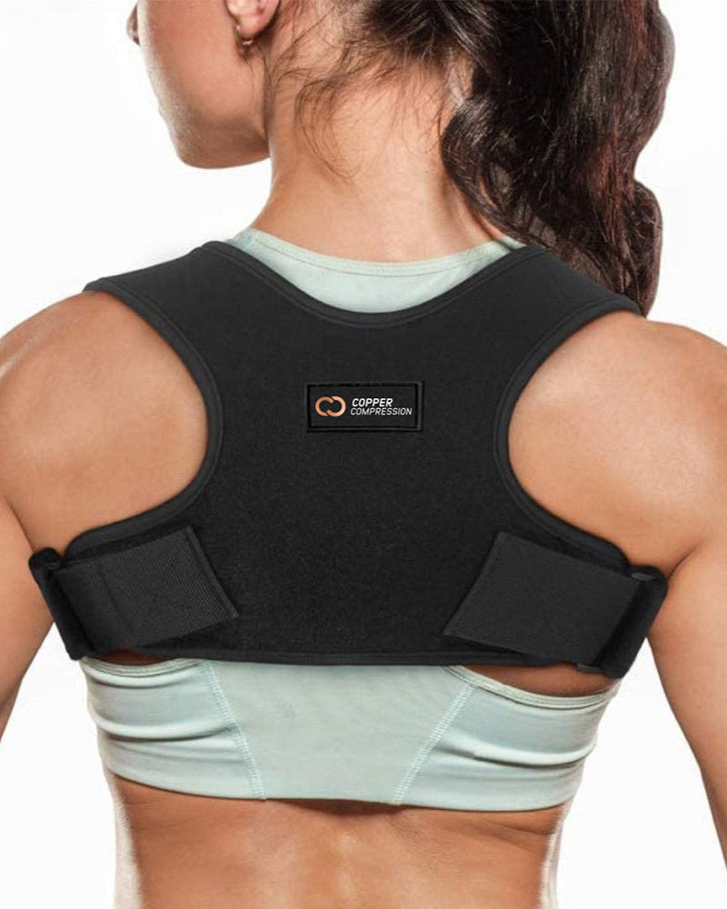 Copper Compression Posture Corrector, the posture corrector on a back, close on the figure-of-eight straps