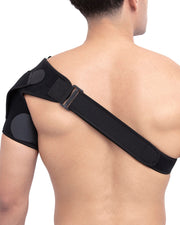 Copper Compression Shoulder Brace, the shoulder brace seen from the back with the strap across