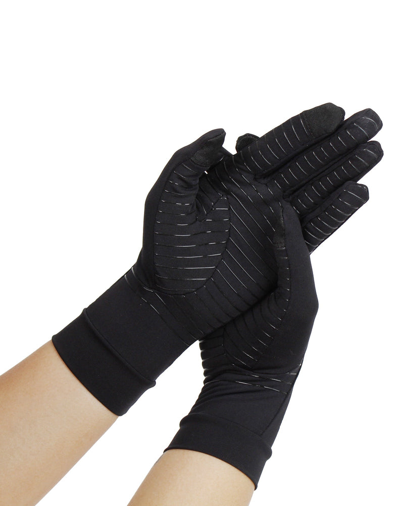 Copper Compression Full Finger Gloves, the full finger gloves worn on a pair of hands against a white background