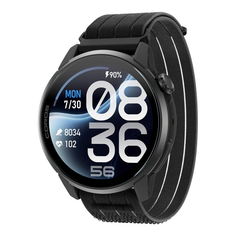 COROS Pace 4 Pro on the black nylon band, three-quarter view