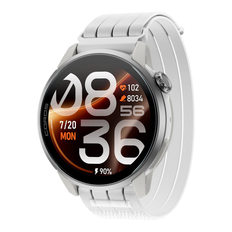 COROS Pace 4 Pro on the white nylon band, three-quarter view