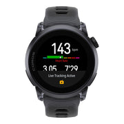 COROS Pace 4 Pro in black, face-on, the display filled with activity data fields