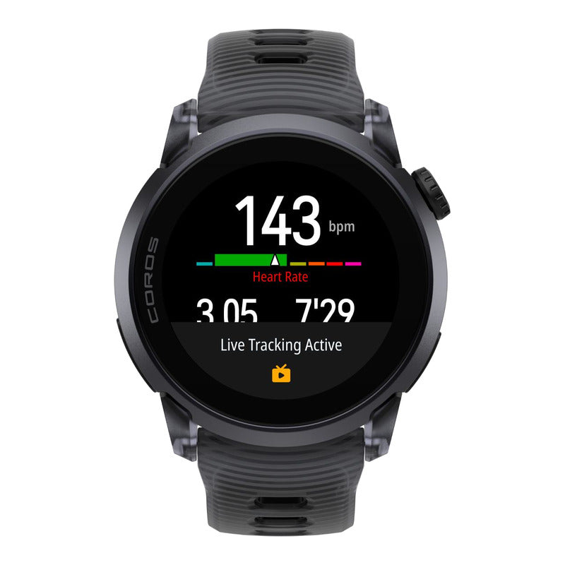 COROS Pace 4 Pro in black, face-on, the display filled with activity data fields