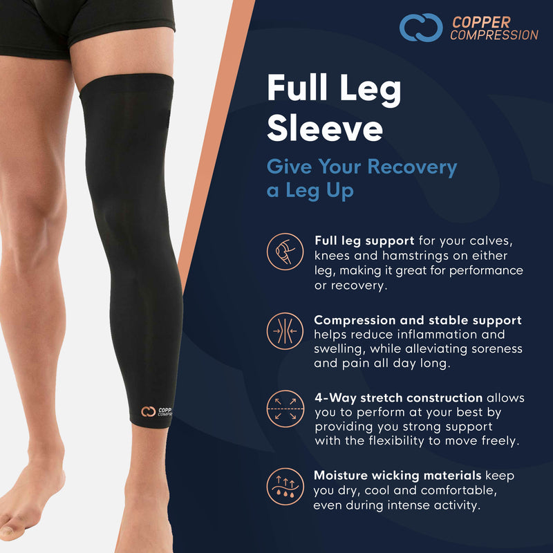 Copper Compression Full Leg Sleeve, an infographic describing the four-way stretch construction and moisture-wicking material