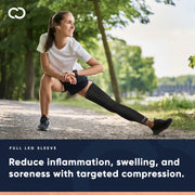 Copper Compression Full Leg Sleeve, a woman stretching on a bed wearing a pink full leg sleeve