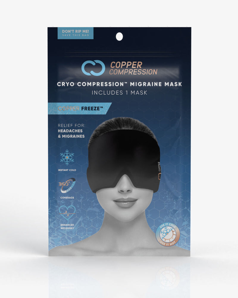 Copper Compression CopperFreeze Migraine Mask, the retail pack, labelled cryo compression migraine mask, with a freeze badge